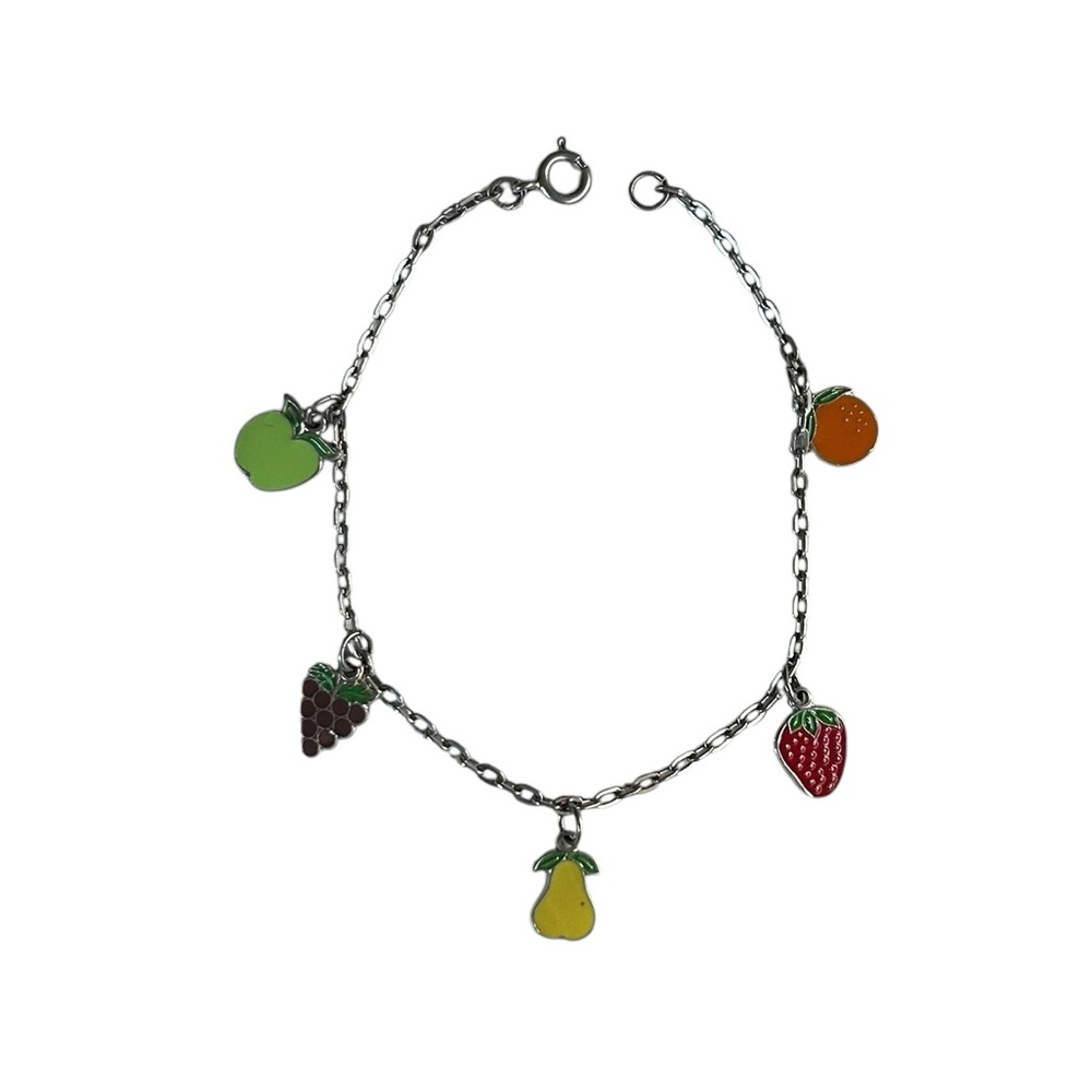 Vintage 90s Y2K Enamel Fruit Dangle Charm Bracelet Silver Tone Chain Cute Kawaii